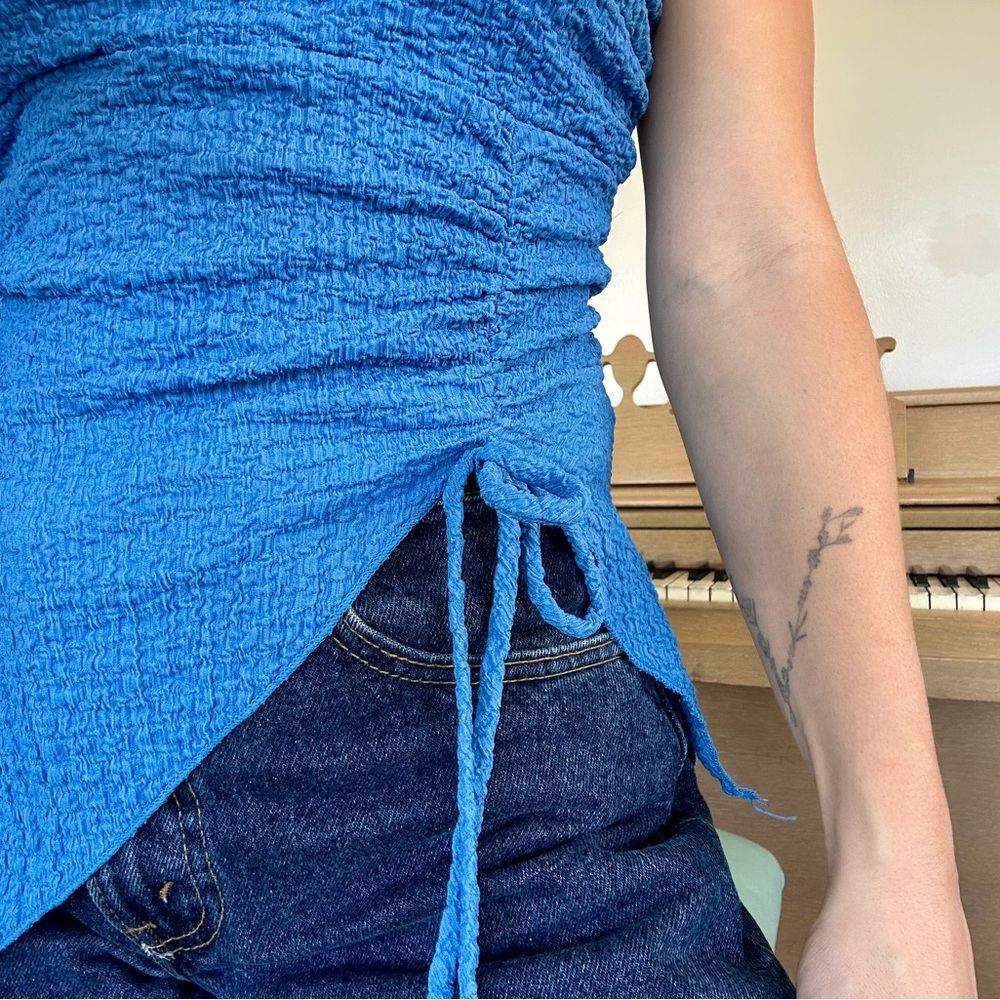 Blue Ruched Strapless Top - Picture 2 of 5